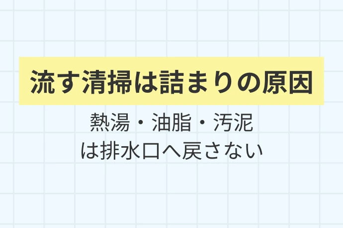 グリストラップ清掃でやってはいけないこと「流す清掃は詰まりの原因、熱湯・油脂・汚泥は排水口へ戻さない」を解説した図解