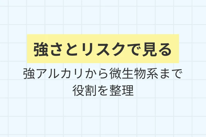 グリストラップ清掃で使われる洗剤の種類「洗剤タイプは強さとリスクで見る、強アルカリから微生物系まで役割を整理」を解説した図解